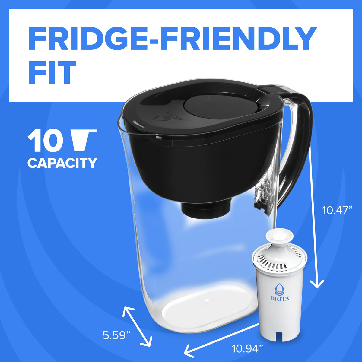 Brita large pitcher 10-cup capacity enables family refills.
