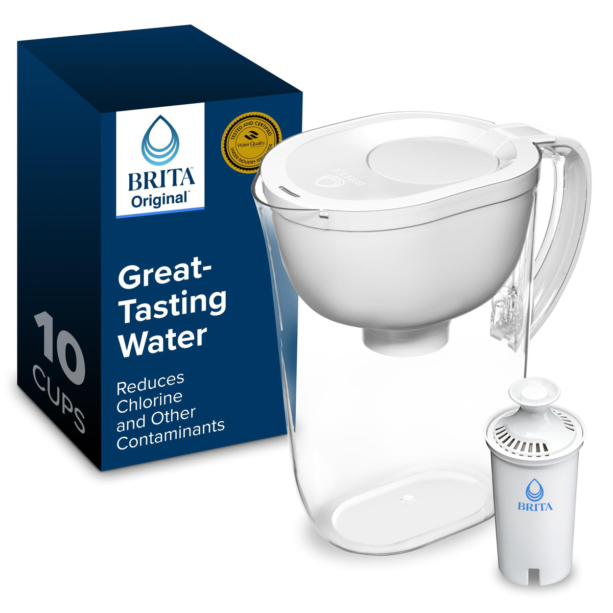 Brita large pitcher on fridge shelf for convenient, fresh-tasting water.