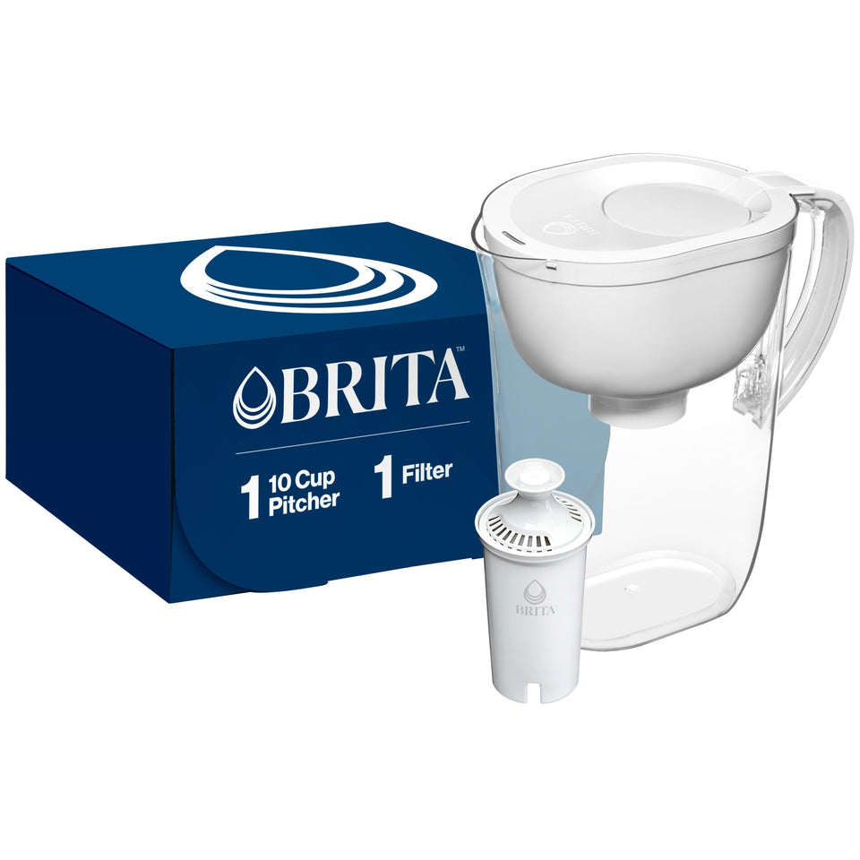 Brita large pitcher front view highlighting 10-cup capacity for families.
