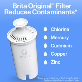 Brita large pitcher pouring water into a glass for quick refills.