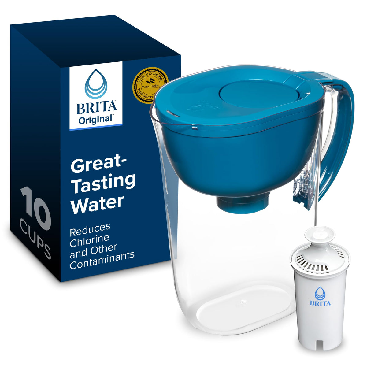 Brita large pitcher with teal lid, front view for easy access to clean water.