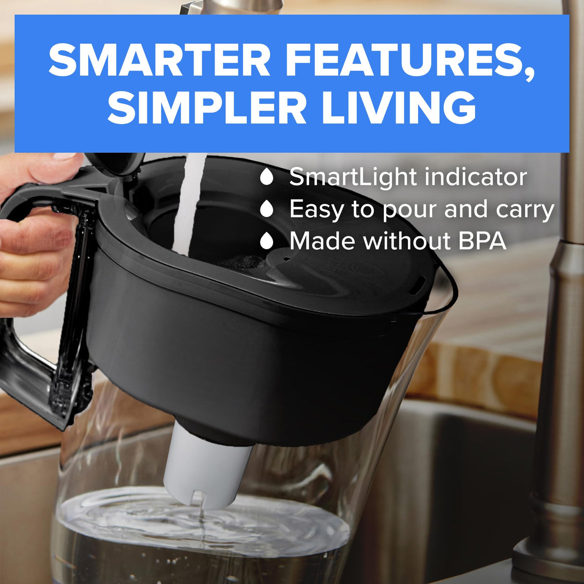 BritaPlus filter lowers chlorine and odors for tastier drinks.