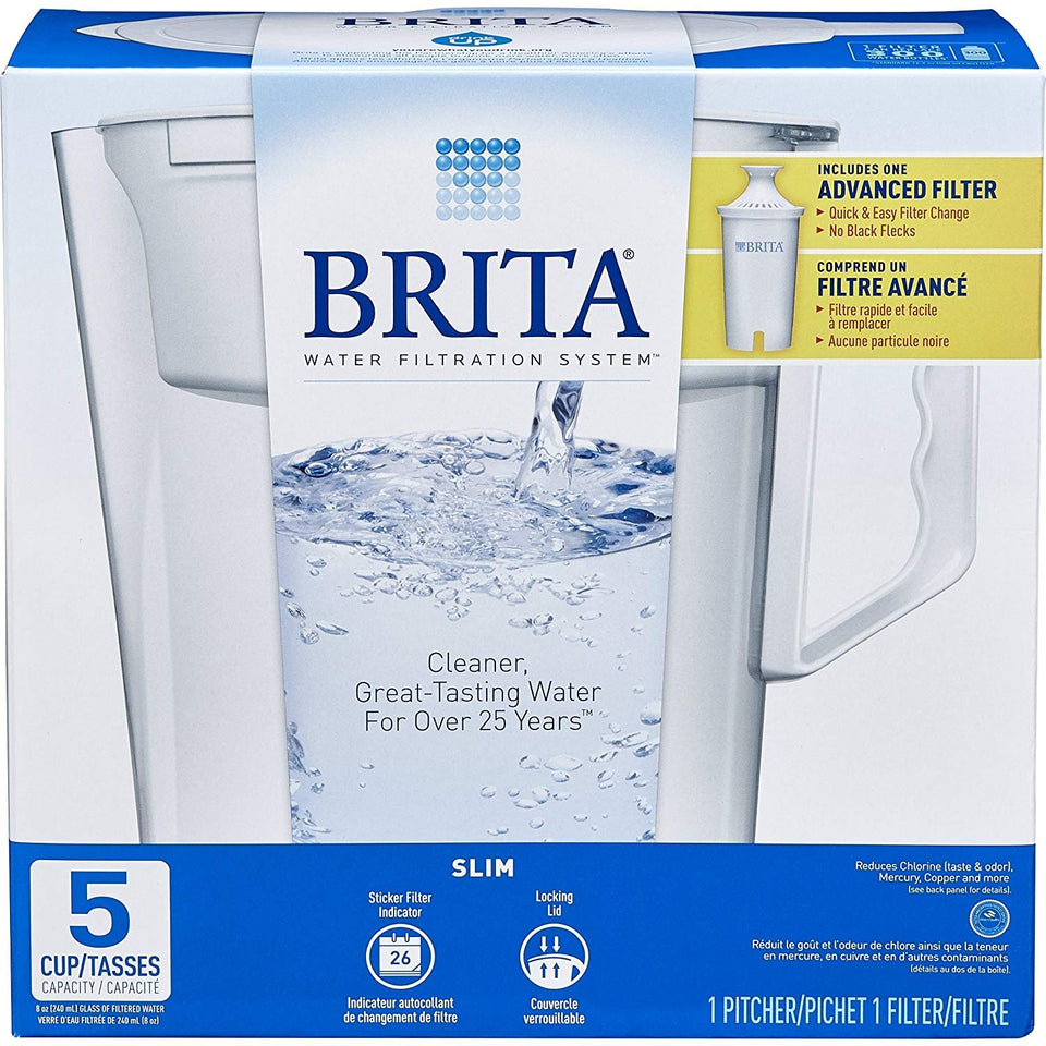 Brita Slim water pitcher on a kitchen counter showing space-saving design for small spaces.