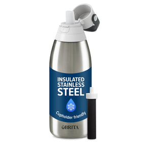 Brita stainless steel 32oz bottle with double-wall insulation keeps water cold for 24 hours.
