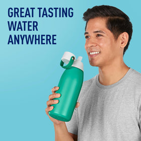 BRITA stainless steel 32oz bottle with leak-proof lid shown in use