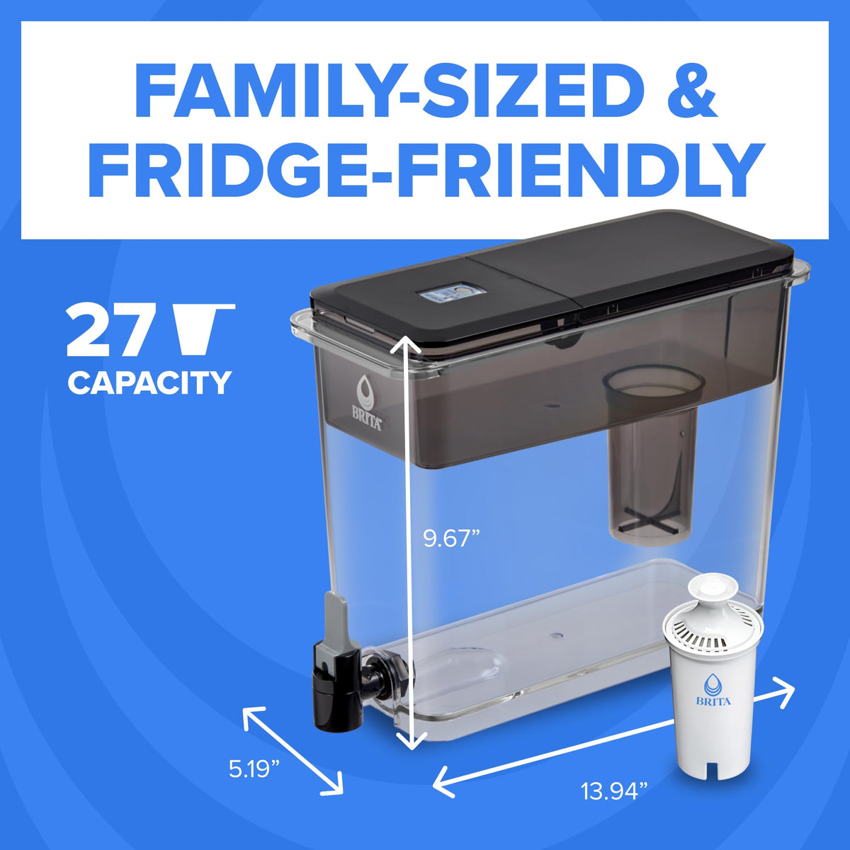 Brita UltraMax black dispenser on counter for modern kitchen styling