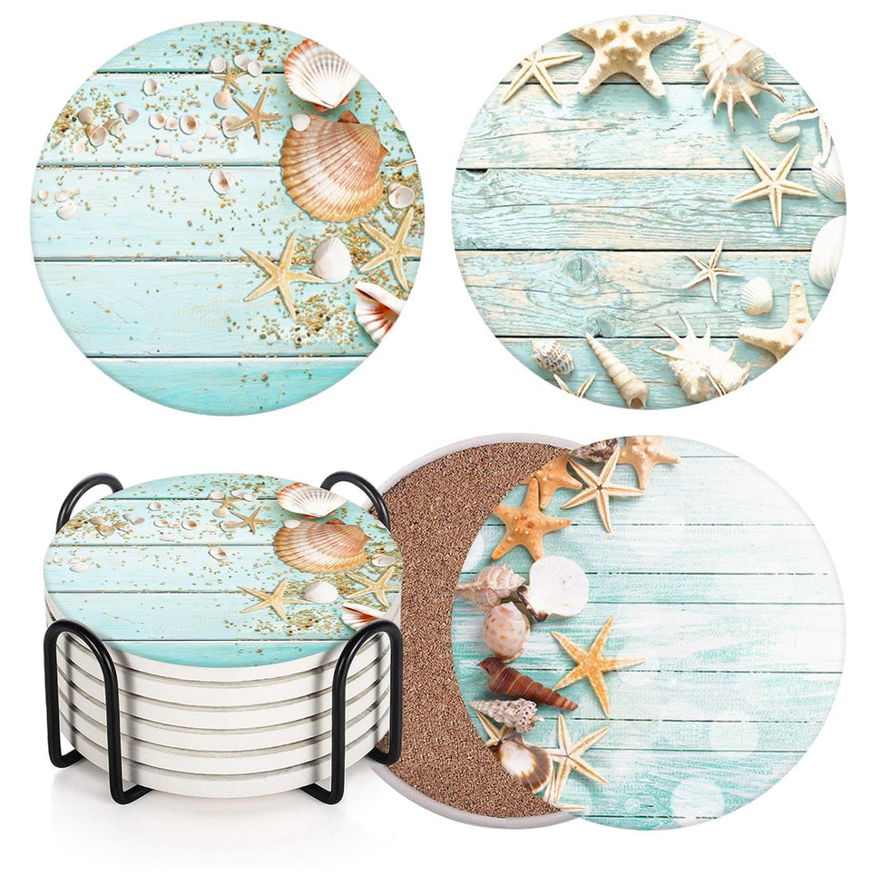 Britimes coaster set with beach seashells in ceramic, top view protecting surfaces from moisture