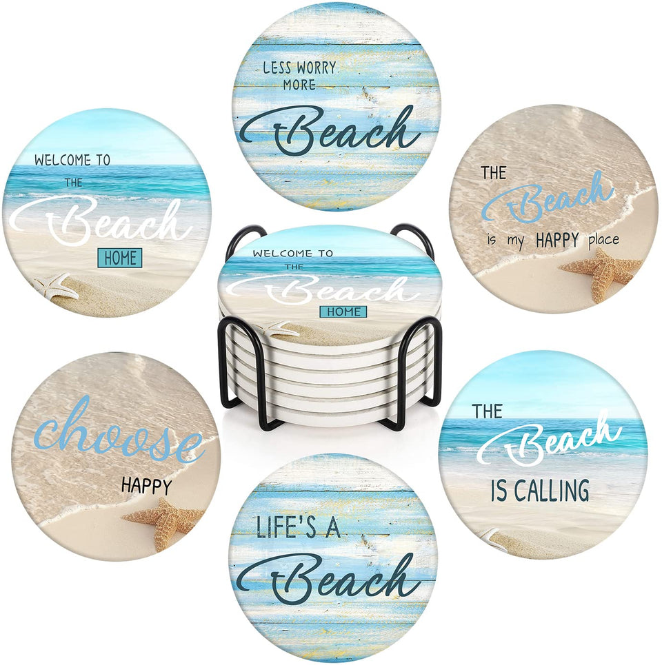 Britimes coaster set of 6 in beach shell teal — absorbent ceramic surface with cork base keeps surfaces dry.