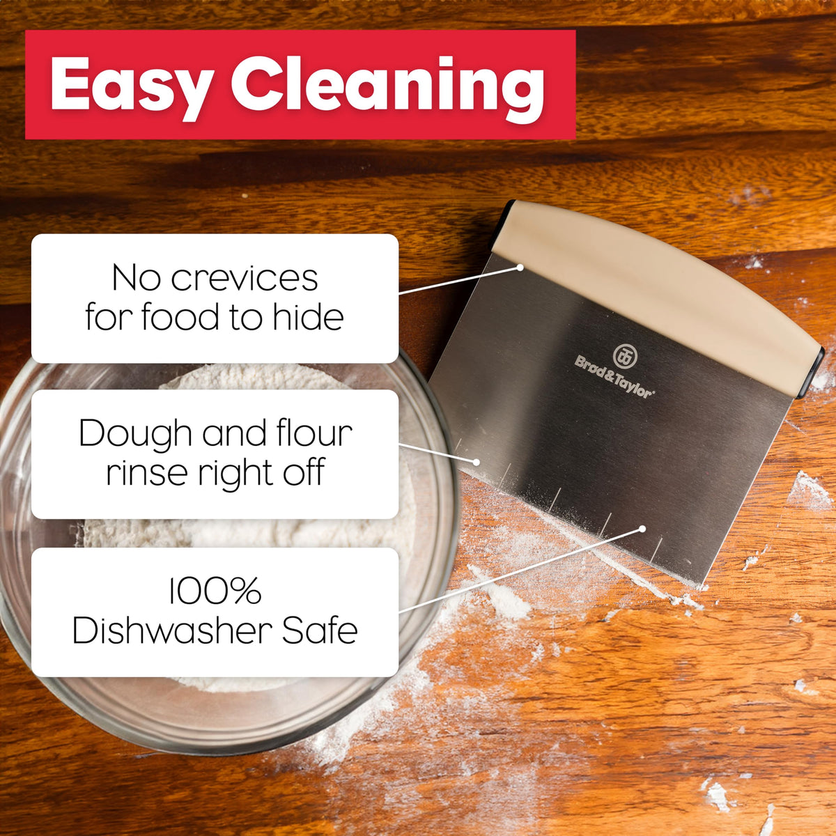 Brod and Taylor bench knife in action transferring dough or prepped ingredients to a scale.