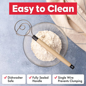 Brod & Taylor dough whisk head scrapes bowl sides during thick mixing.