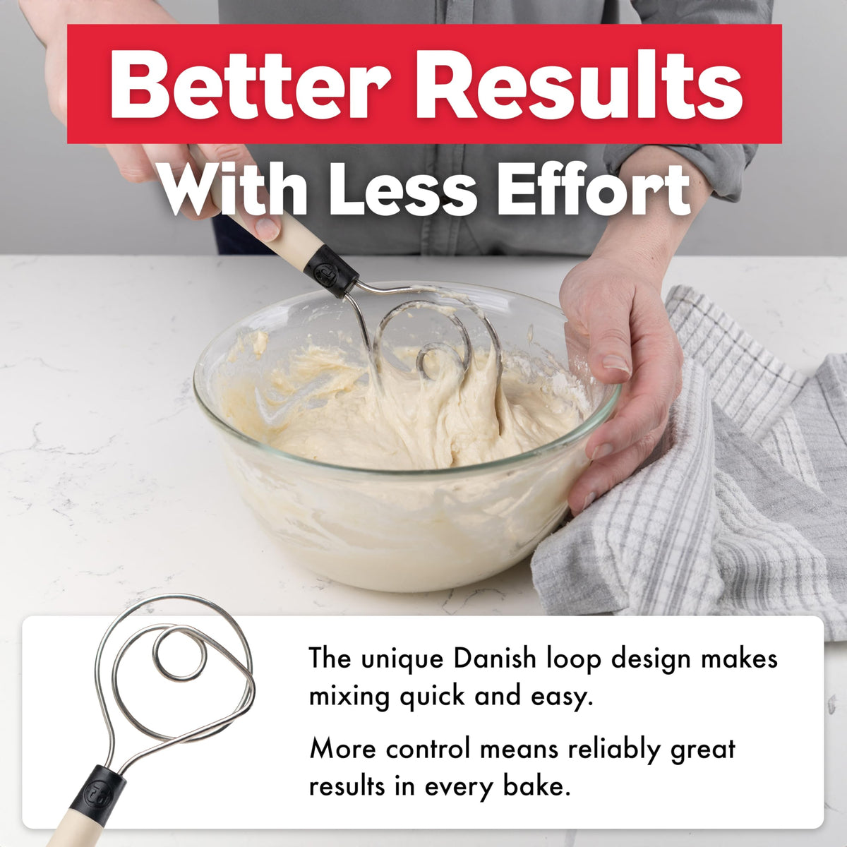 Dishwasher-safe Brod & Taylor dough whisk for easy cleanup.