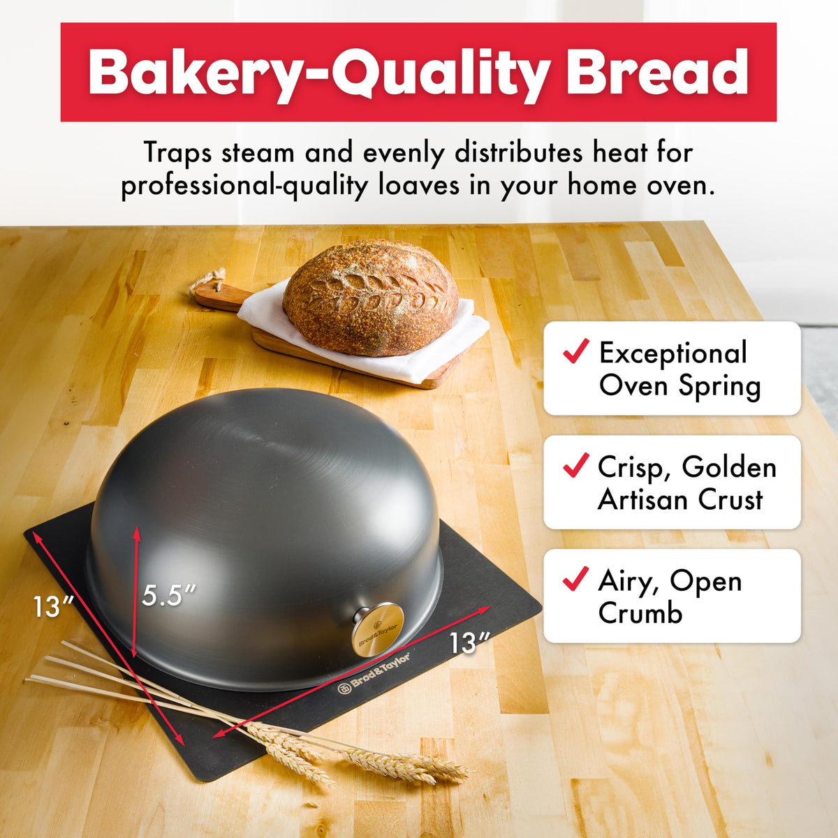 Brod & Taylor Ultralight Baking Shell captures steam for even heat distribution.