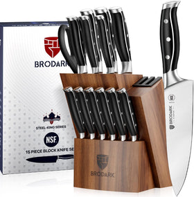 BRODARK 15-piece full tang knife set displayed in block for professional-grade prep.