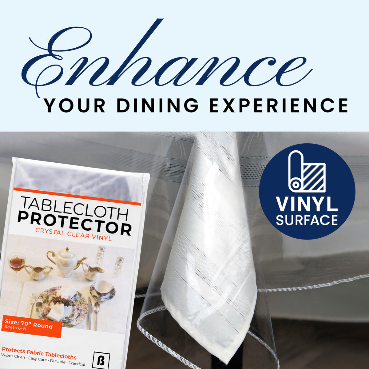 BRODER MFG. INC. round 70-inch protector in use on a table, indoors or outdoors.