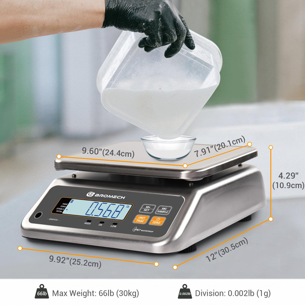 BROMECH 66 lb food scale IP67 waterproof design in wet kitchen environments