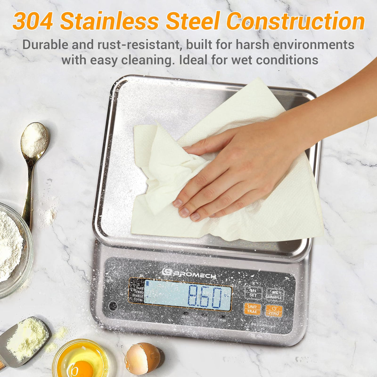 BROMECH 66 lb food scale top platform showing workspace for heavy ingredients