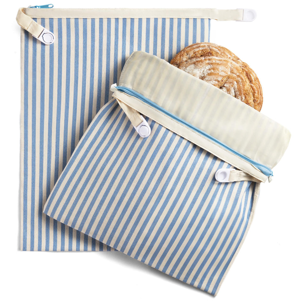 Bronypro blue beeswax bread bag front view keeps loaves fresh naturally.