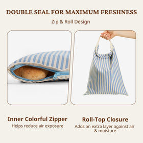 Bronypro blue bread bag with roll-and-buckle closure in use.