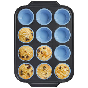 Bronypro silicone muffin pan with metal frame offers easy release muffins.