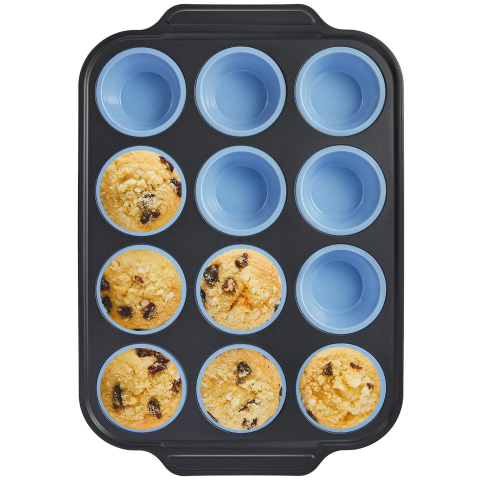Bronypro silicone muffin pan with metal frame offers easy release muffins.