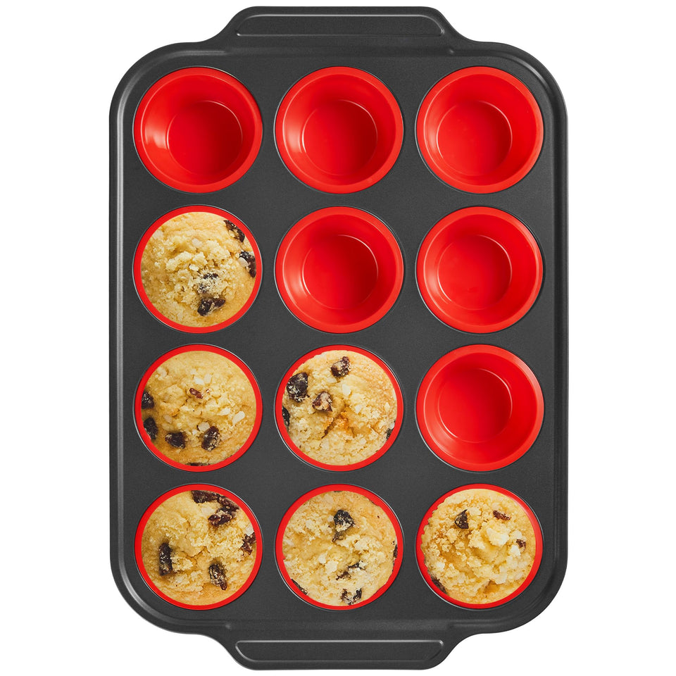 BronyPro silicone muffin pans with metal frame offering easy release from cups