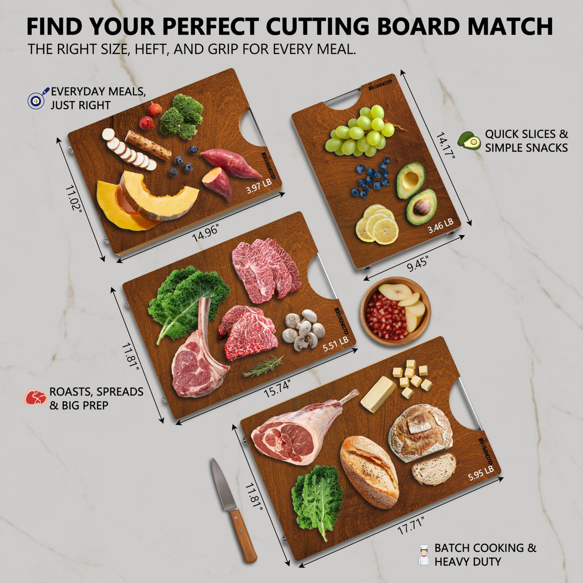 Reversible double-sided Brosisincorp cutting board for separate tasks like produce and meat