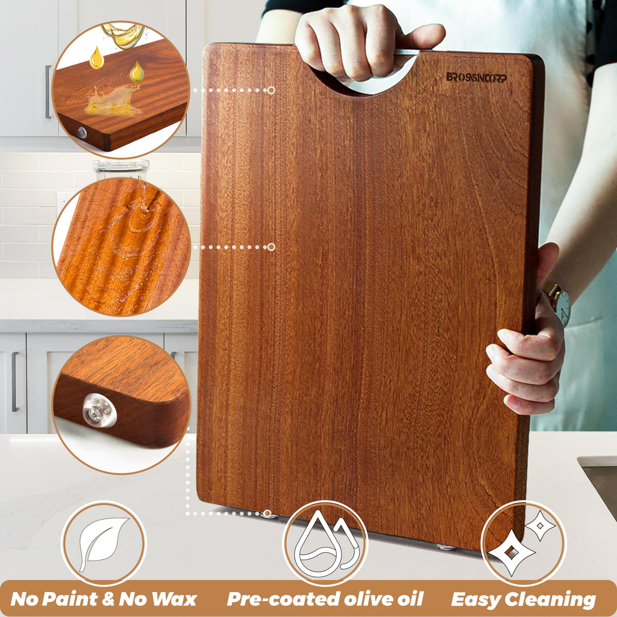 Close-up of edge-grain cutting board showing flat, stable surface