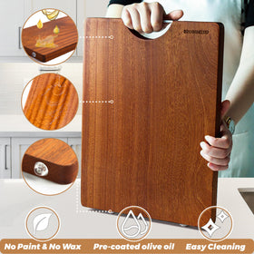 Stainless steel handle on Brosisincorp cutting board for easy lifting