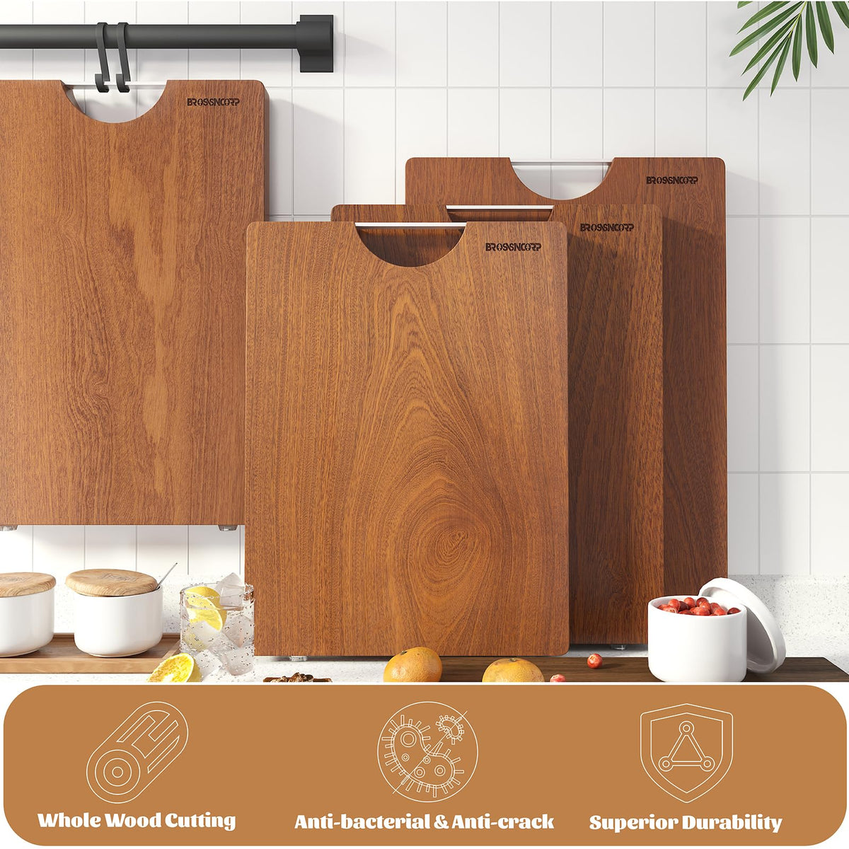 Knife-friendly sapele surface helps keep blades sharp during prep