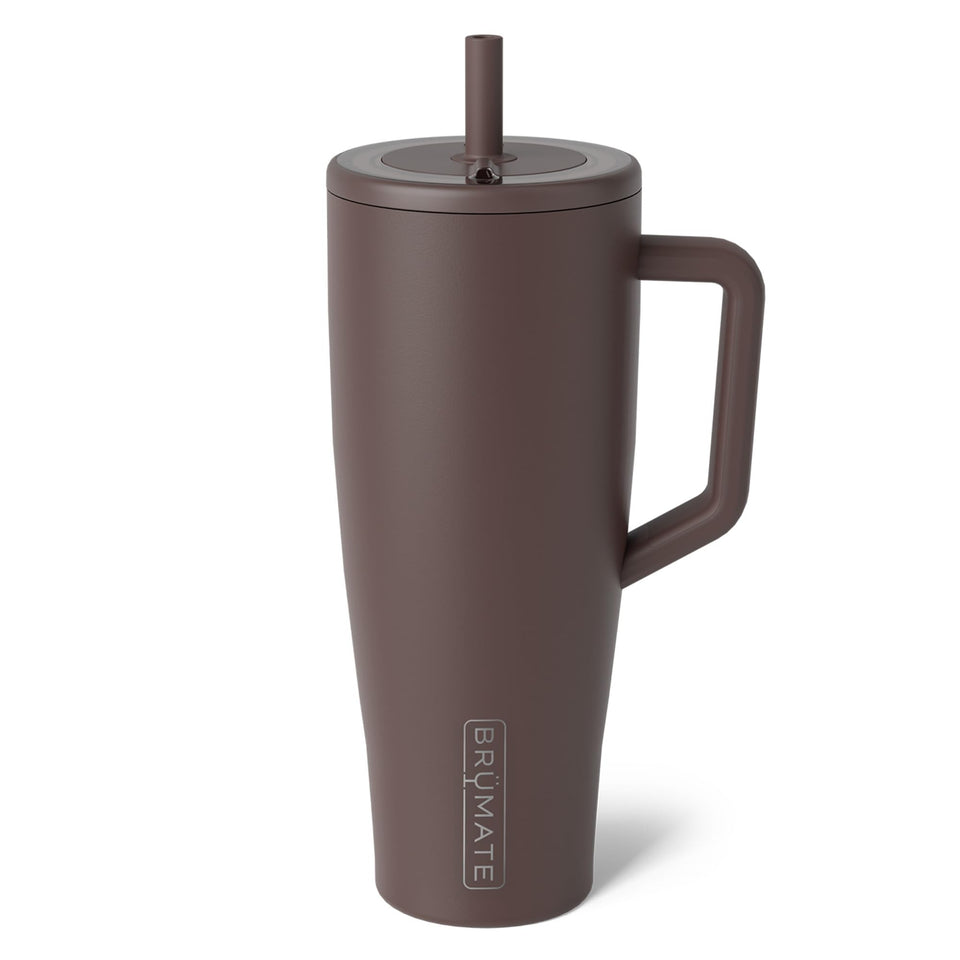 BrüMate Era 40oz tumbler with handle and straw for easy, spill-free transport.