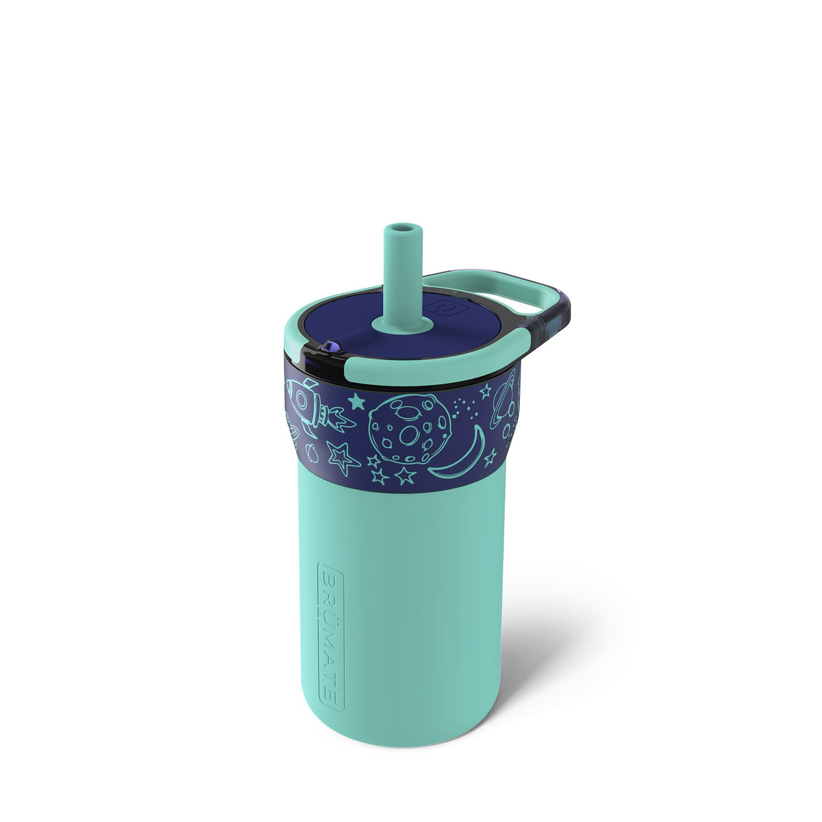 BrüMate Leap 12oz outer-space closeup showing leakproof design for kids on the go
