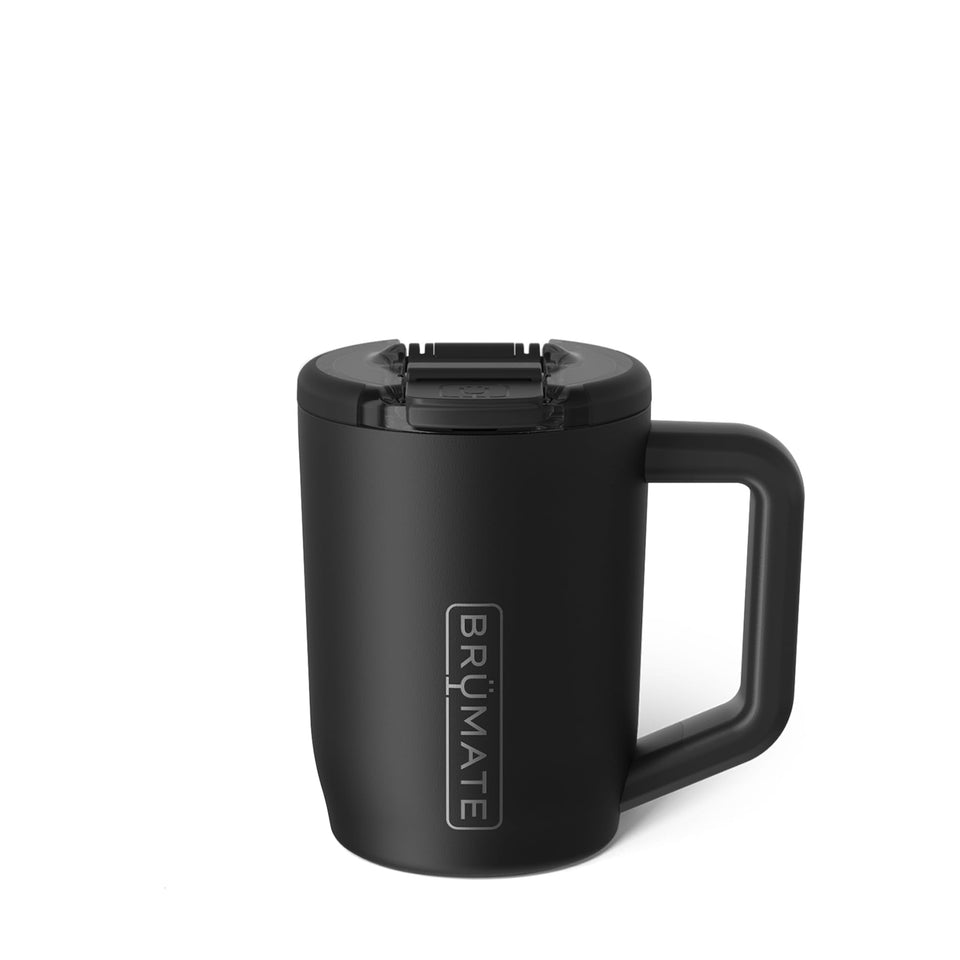 BrüMate Müv 15oz mug with handle and lid closeup shows leakproof design for commuting