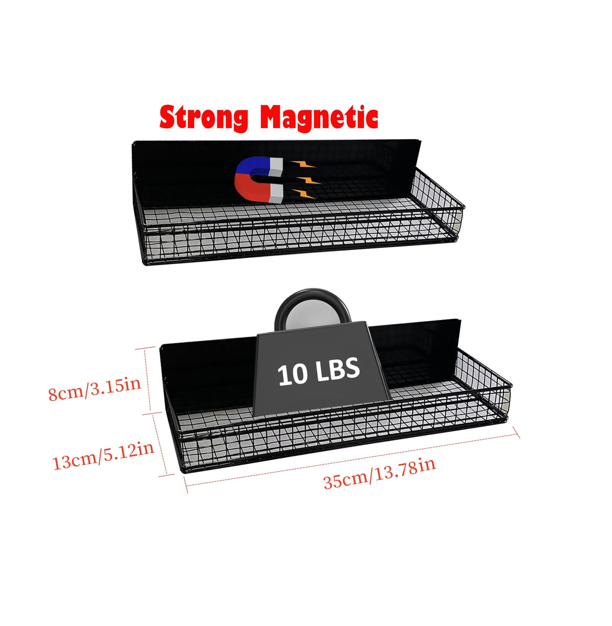 Close-up of Bruda magnetic shelf showing strong magnet and metal finish.