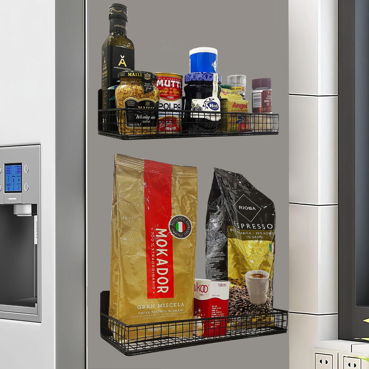 Two-pack Bruda magnetic racks on washing machine surface saves counter space.