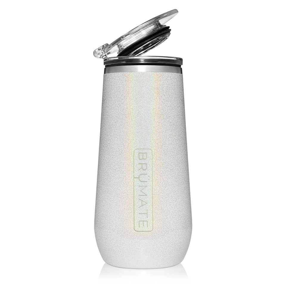 BrüMate Champagne Flute 12oz with flip-top lid preserves carbonation for longer bubbles.