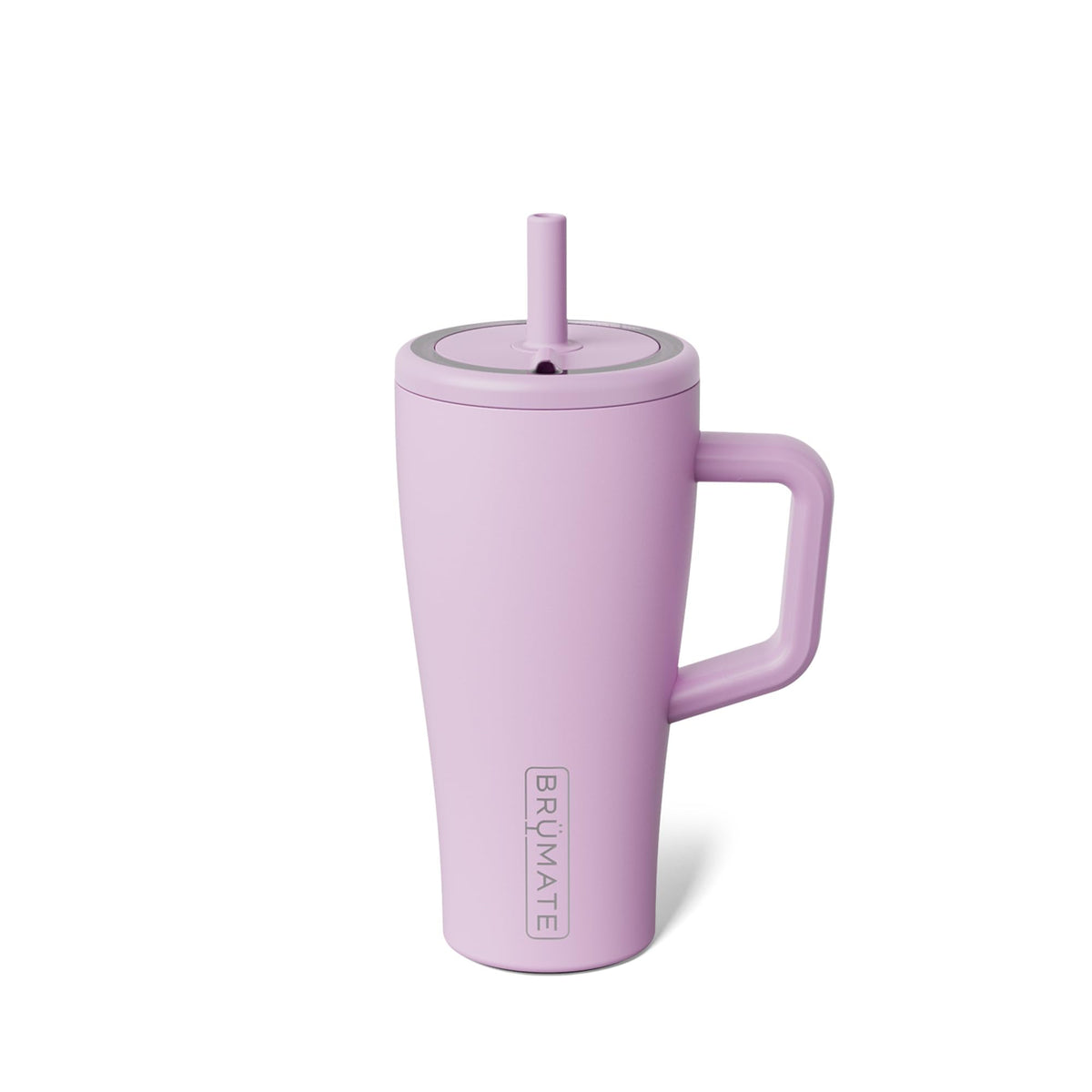 BrüMate Era 20 oz tumbler with lavender lid and handle; spill-free on the go.