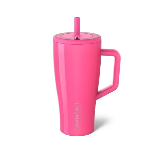 BrüMate Era 30oz tumbler with handle and straw in neon pink, leakproof for travel.
