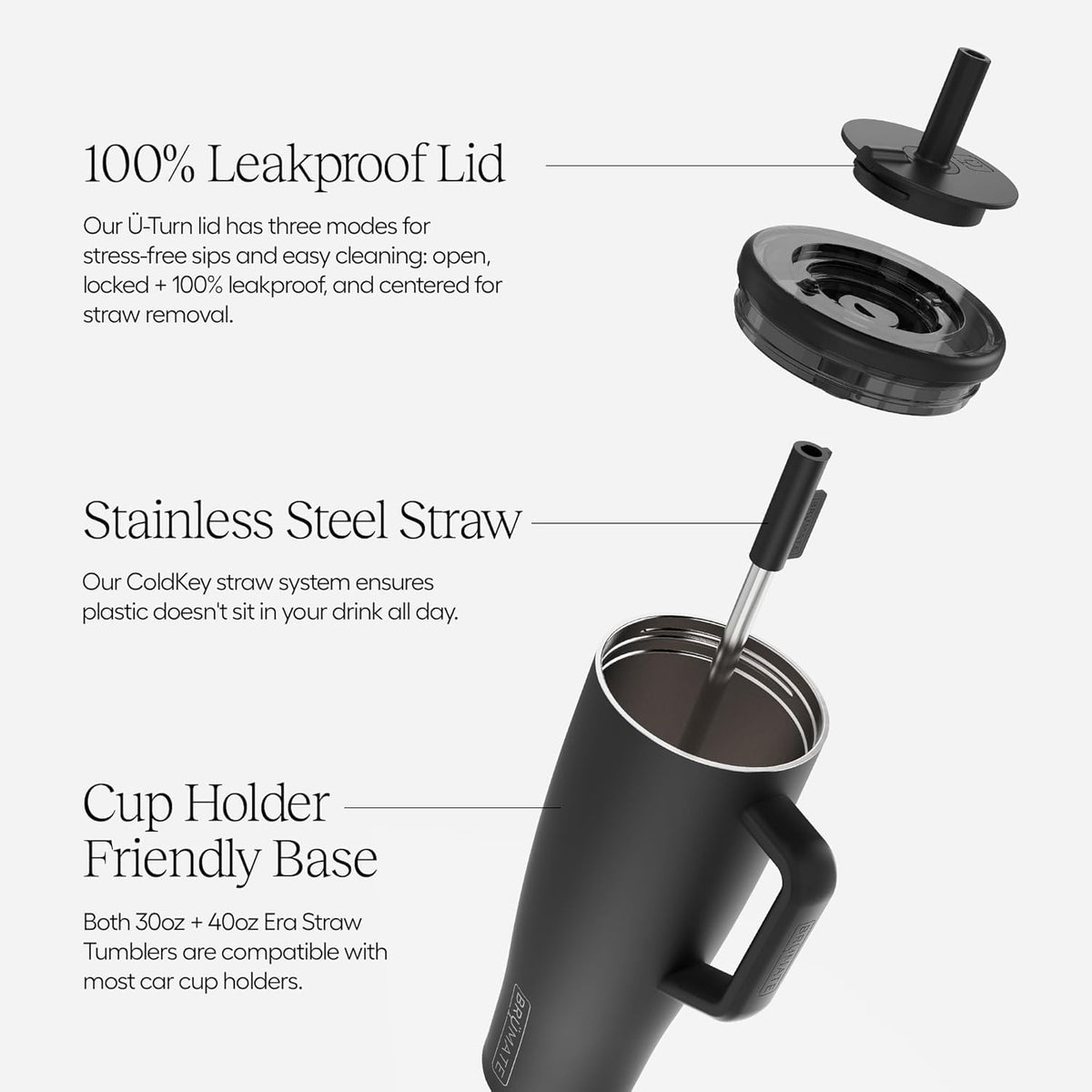 BrüMate Era side view showing handle, straw, and secure leakproof design.