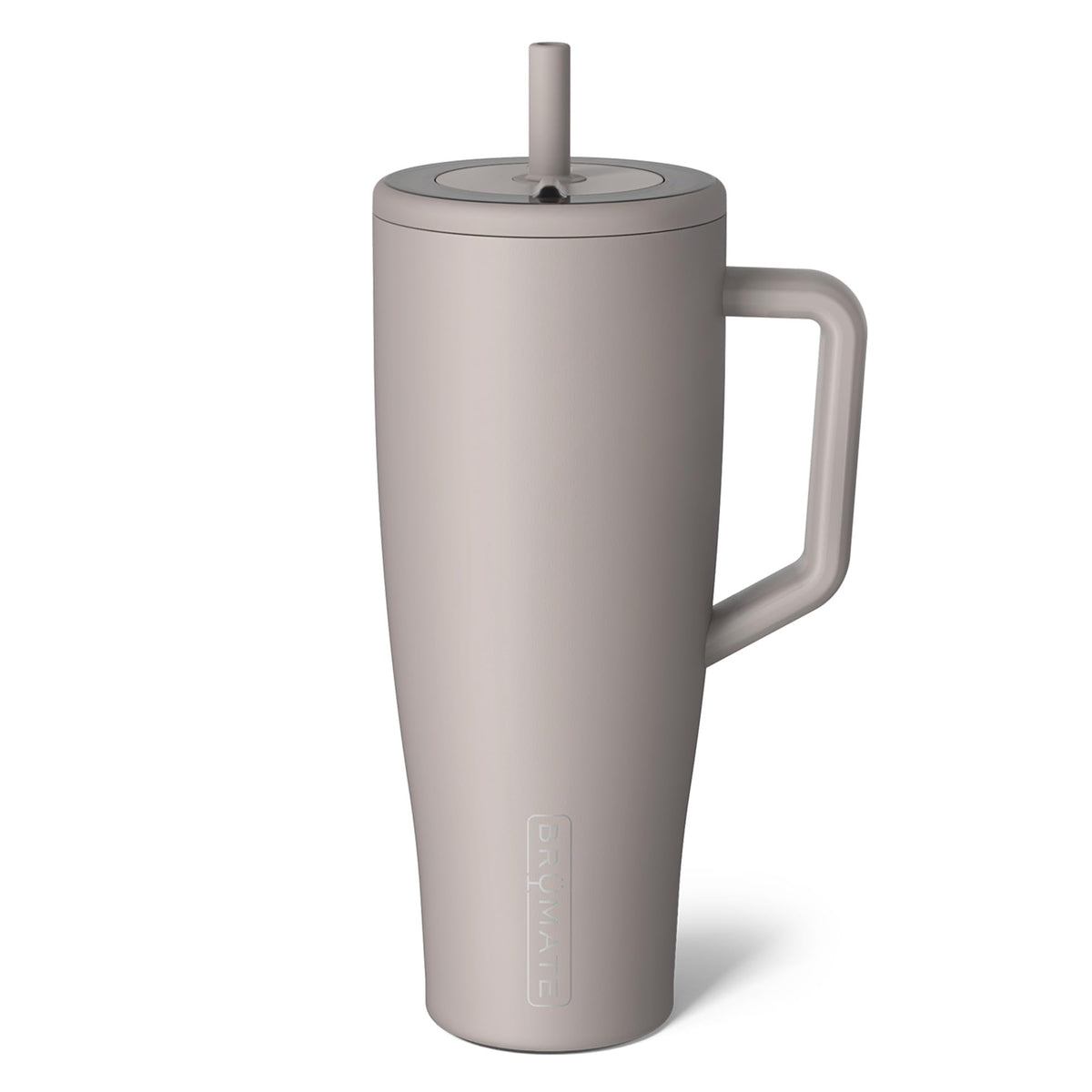 BrüMate Era 40 oz mocha tumbler with a handle for on-the-go hydration and spill-free transport.