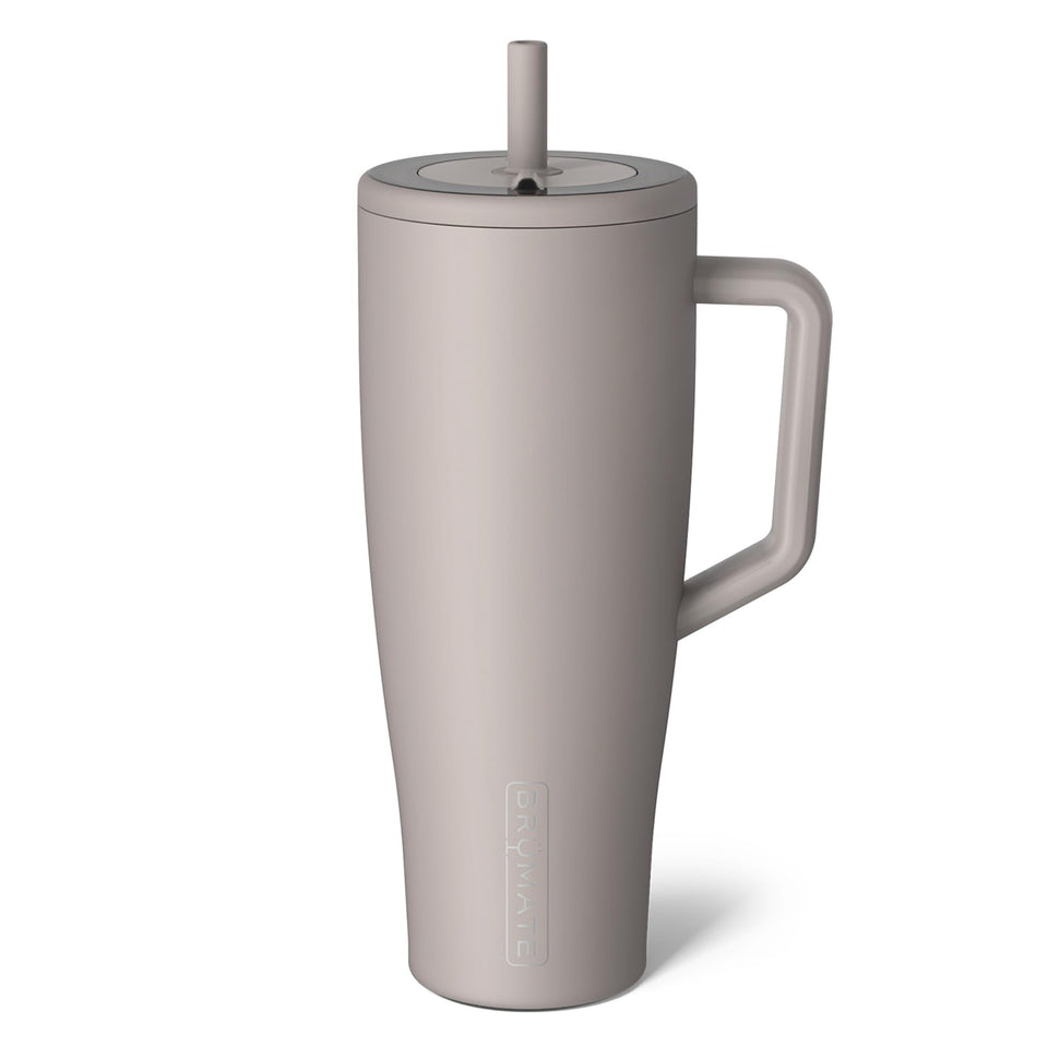 BrüMate Era 40 oz mocha tumbler with a handle for on-the-go hydration and spill-free transport.