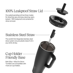 BrüMate Era 40 oz tumbler with straw shows SoftSip comfort for every sip.