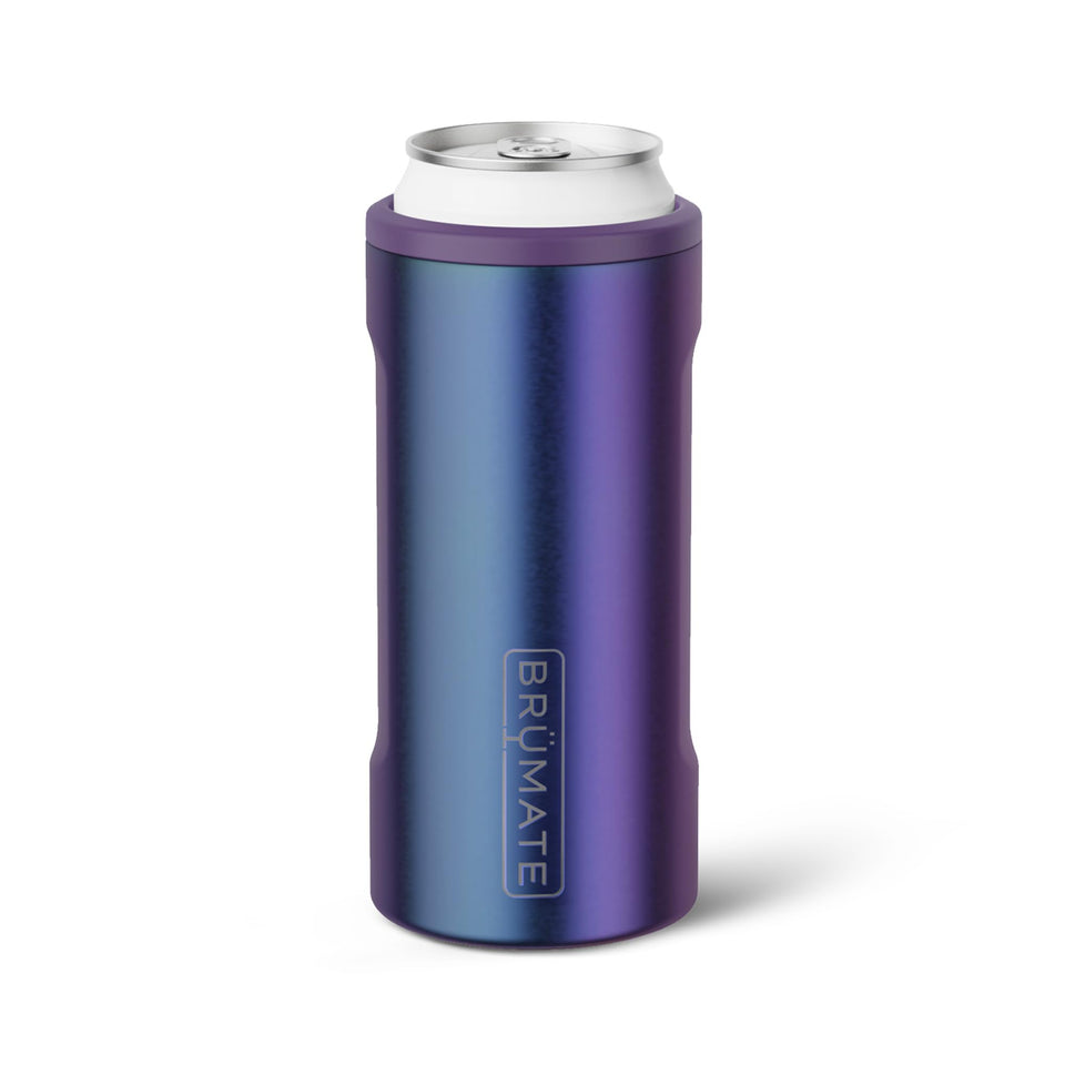 BrüMate Hopsulator Slim around a 12oz slim can keeps drinks ice cold on the go.