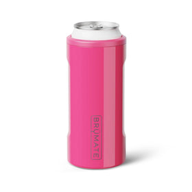 BrüMate Hopsulator Slim neon pink cooler keeps a 12oz slim can icy cold on the go.