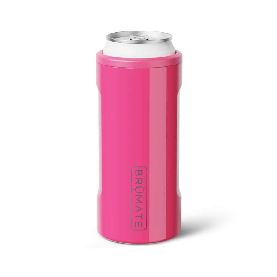 BrüMate Hopsulator Slim neon pink cooler keeps a 12oz slim can icy cold on the go.