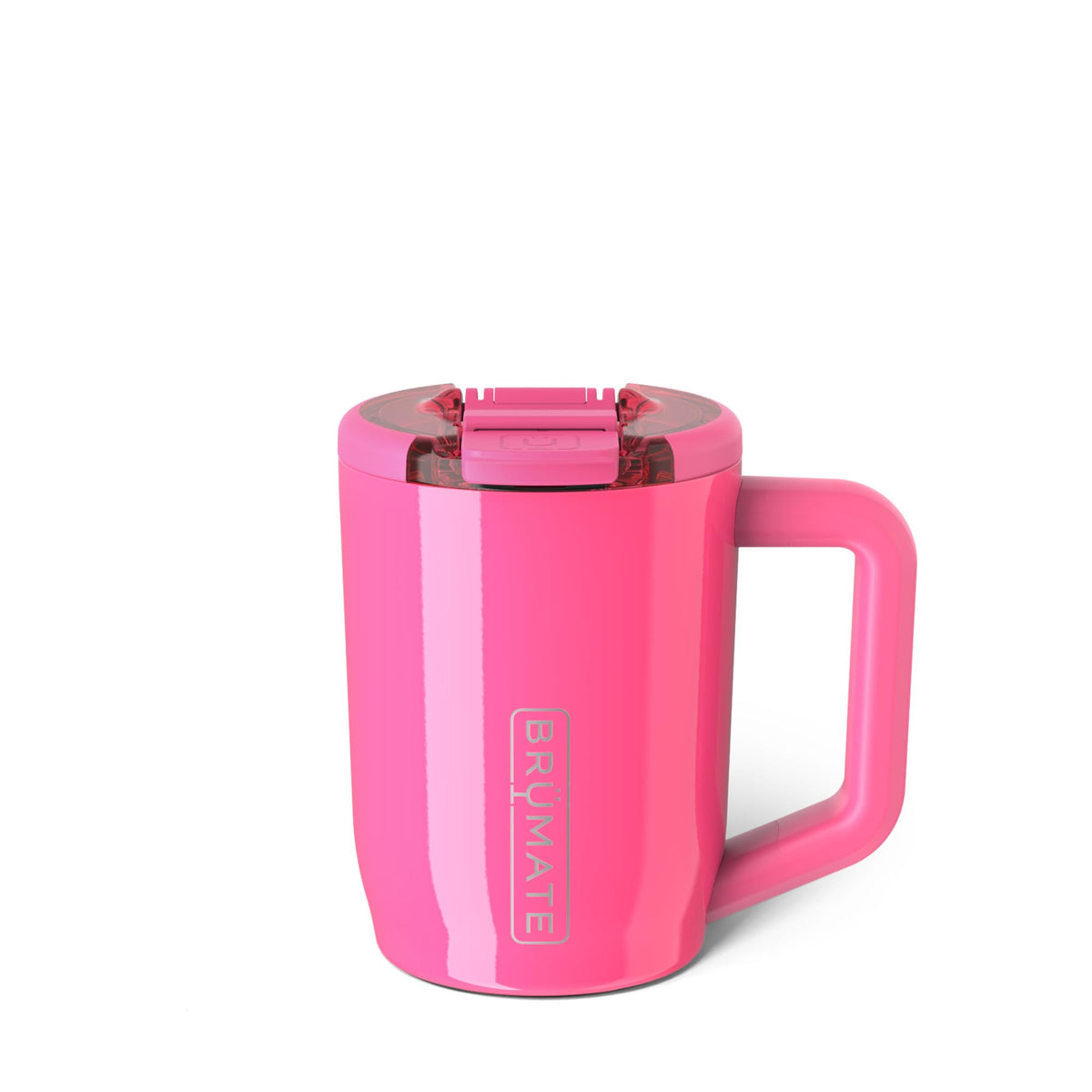 BrüMate Müv 15oz leak-proof insulated mug in Neon Pink on the go