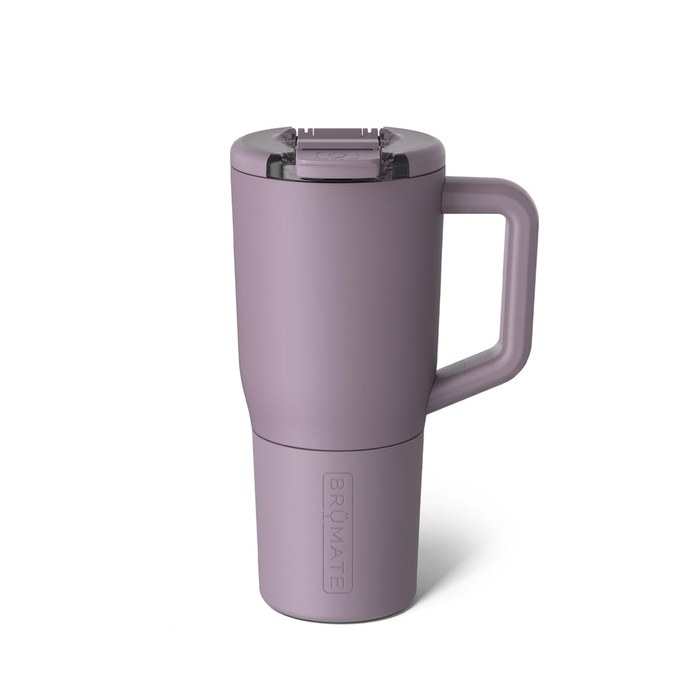 BrüMate Müv 25oz mug with lid in Lilac Dusk showing secure lid lock position.