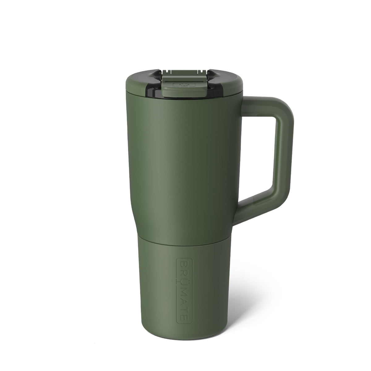 BrüMate Müv 25oz OD Green with lid open for quick hot coffee on the go.