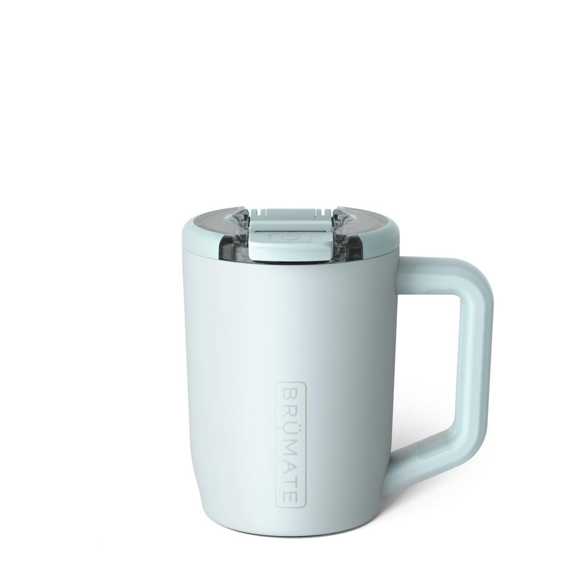 BrüMate Müv blue agave mug lid enabling leak-proof sipping on the go.