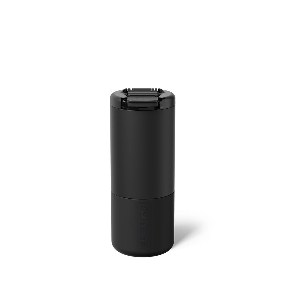 BrüMate Strova 18oz mug front view with matte black finish and leakproof design