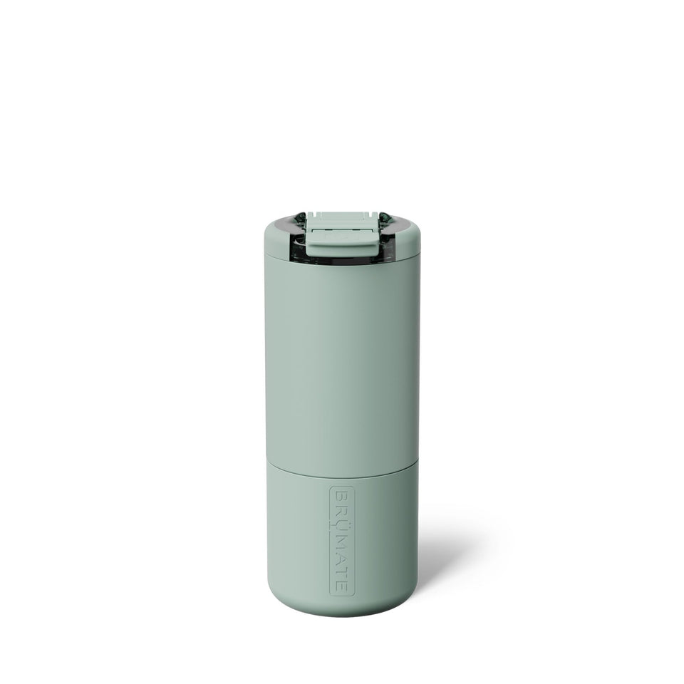 BrüMate Strova 18oz locking lid demonstrates leakproof travel coffee use